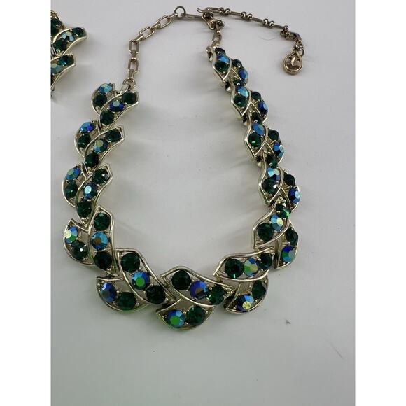 Vintage Green Aurora Borealis Crystal Rhinestone Statement Necklace Earrings Set - Picture 3 of 5